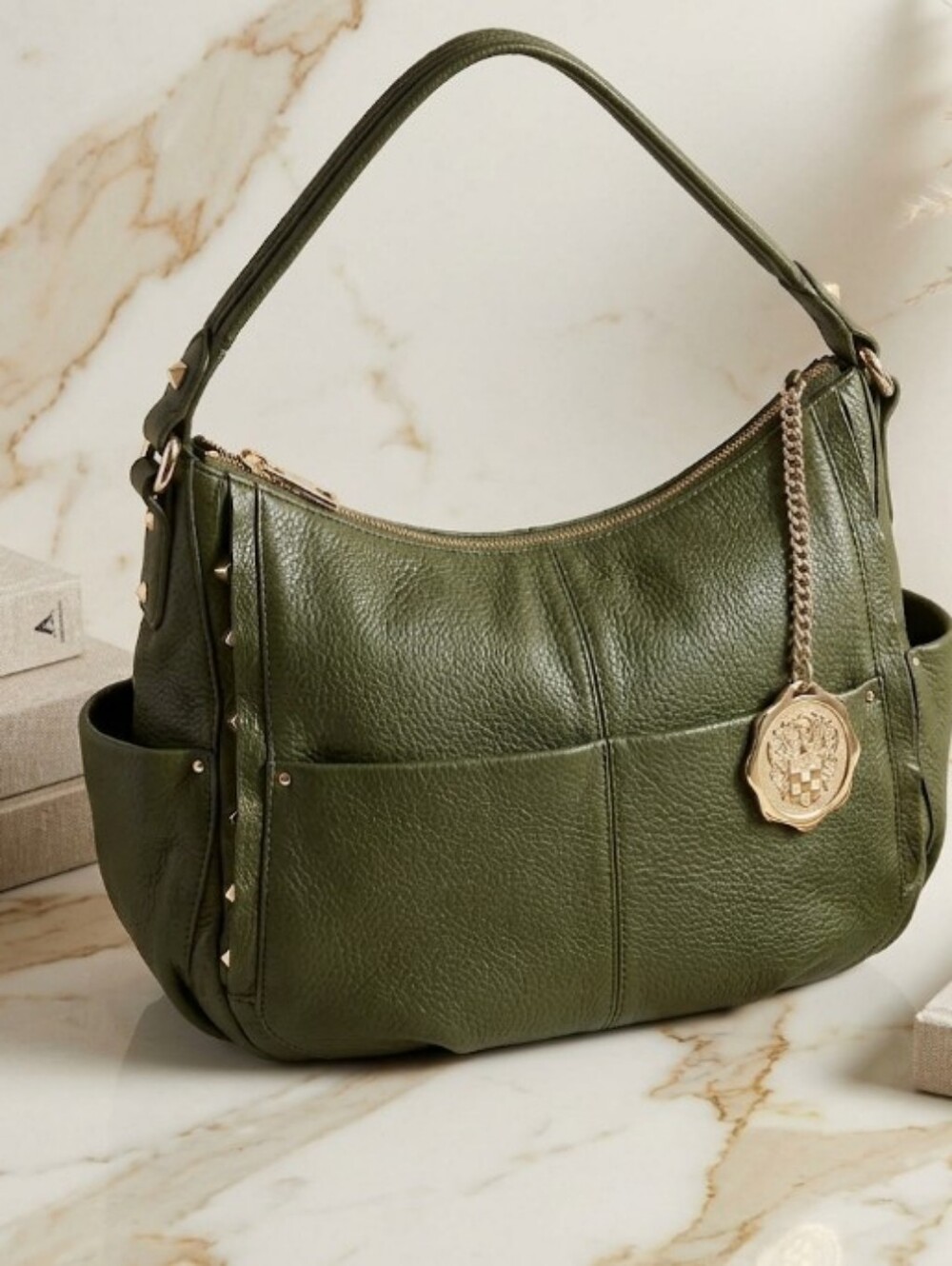 Dark Olive Green Vince Camuto Leather Shoulder Hobo Bag